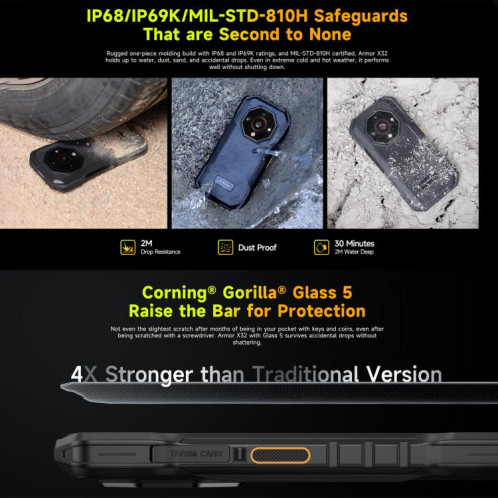  Téléphone robuste Ulefone Armor X32, 6 Go 128 Go, vision nocturne, écran 5,65 pouces, Android 14, MediaTek Helio G91 Octa Core, réseau : 4G, NFC, OTG (orange) SU892E856-010